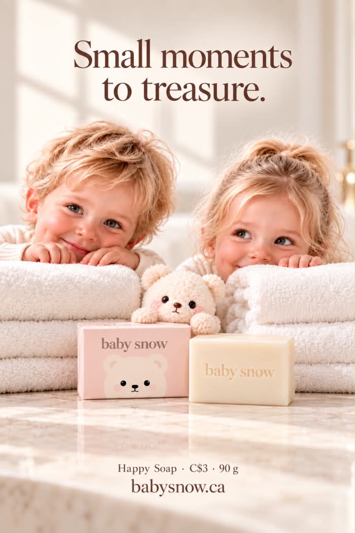 Two smiling children resting on soft towels behind Happy Soap