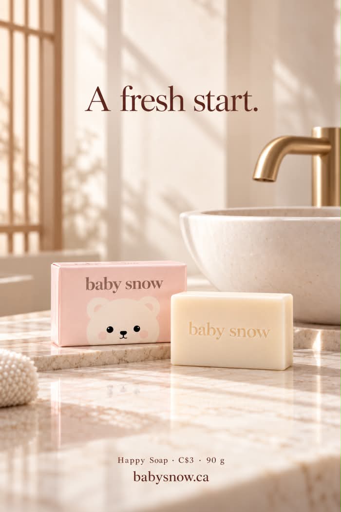 Happy Soap bar beside its pink bear box on a marble bathroom counter