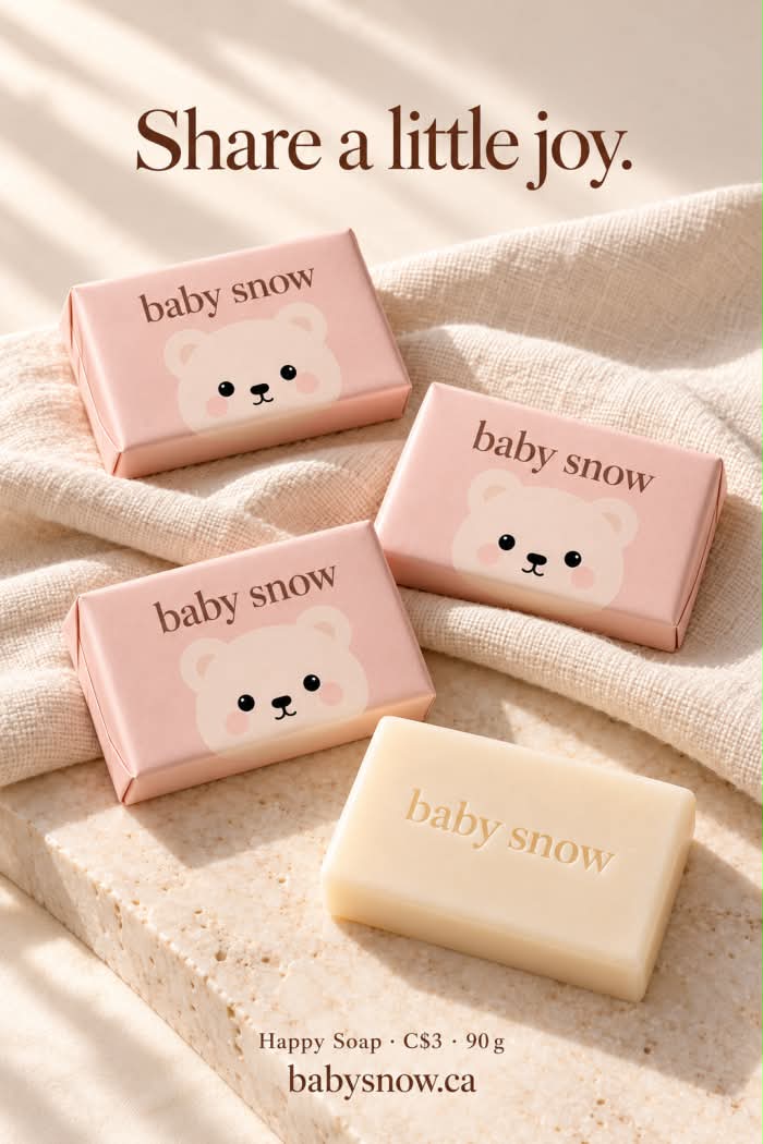 Three pink bear soap boxes and an unwrapped bar on linen