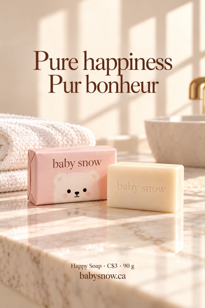 Happy Soap and its pink box beside a sink, with the words Pure happiness, Pur bonheur