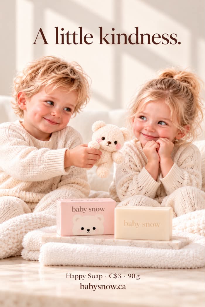 Two children sharing a plush bear beside Happy Soap